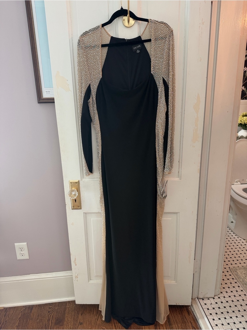 Xscape Black Long Sleeve Dress with Sheer Embellished Mesh